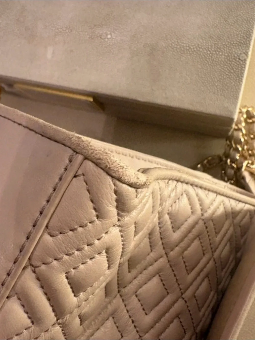 Tory Burch Quilted Leather Shoulder Bag in Soft Beige
